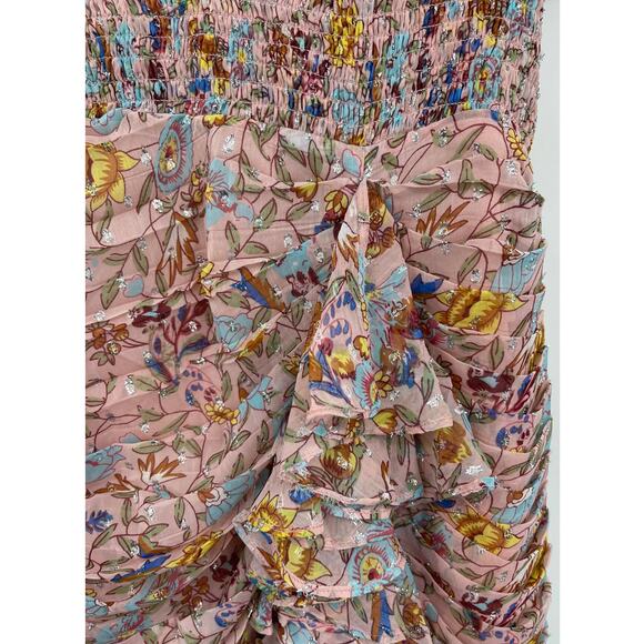 Walter Baker Floral Fitted Smocked Waist Ruffle Pink Primrose Chiffon Dress NEW - Picture 9 of 15